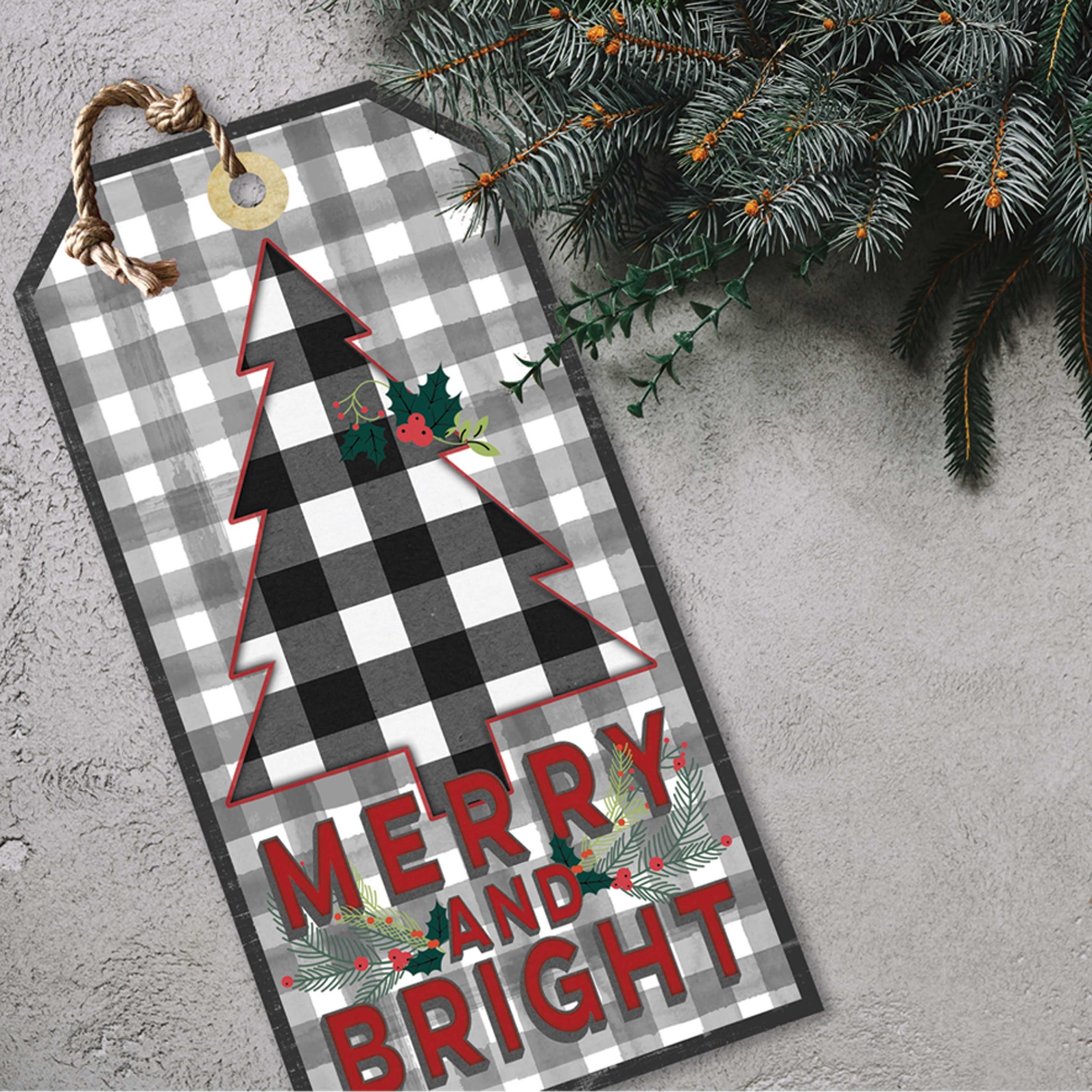 Kindred Hearts 17” Black and Red “Merry and Bright” Christmas Hanging Tag Sign