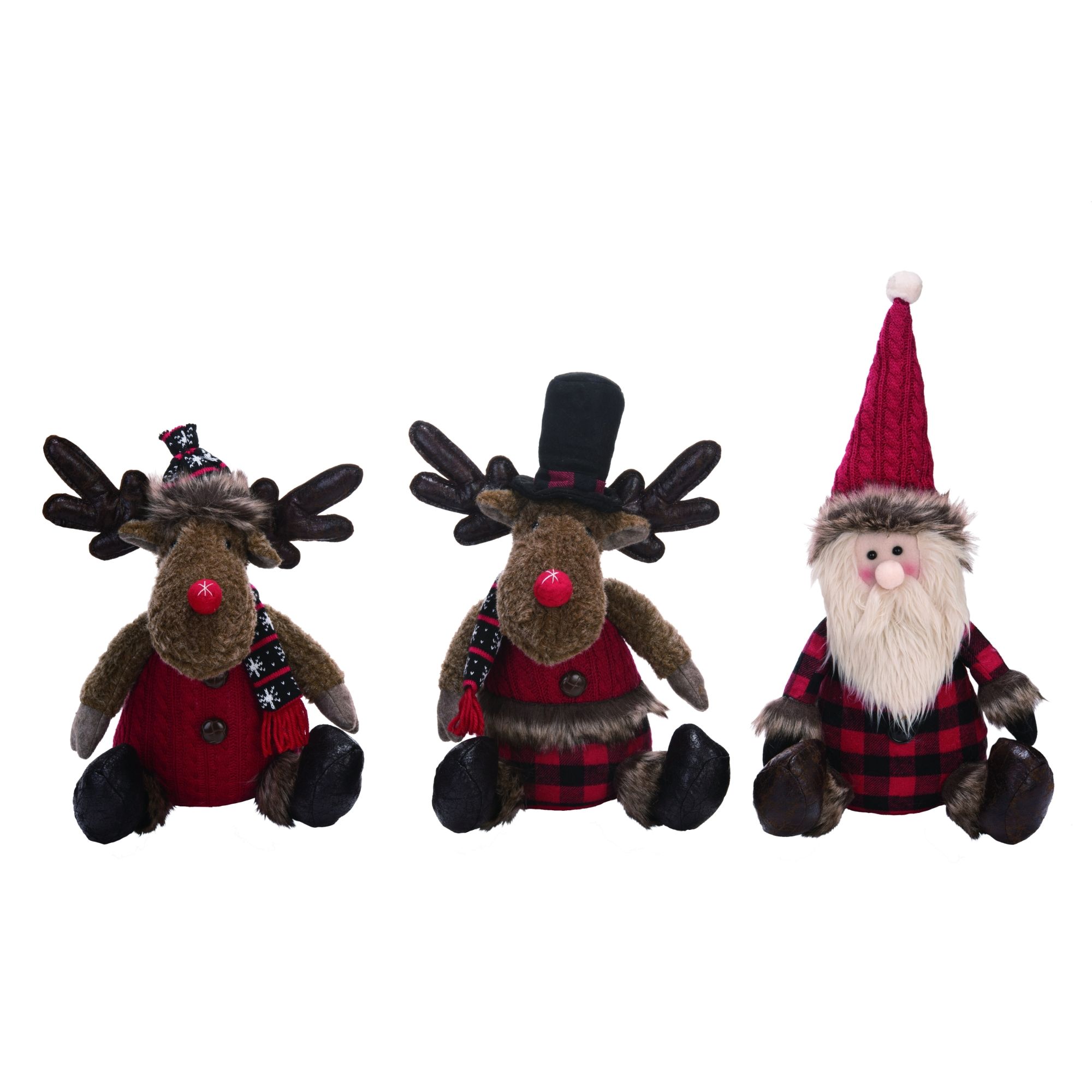Contemporary Home Living Set of 3 Red and Black Plush Rustic Sitting Character Christmas Decor 13"