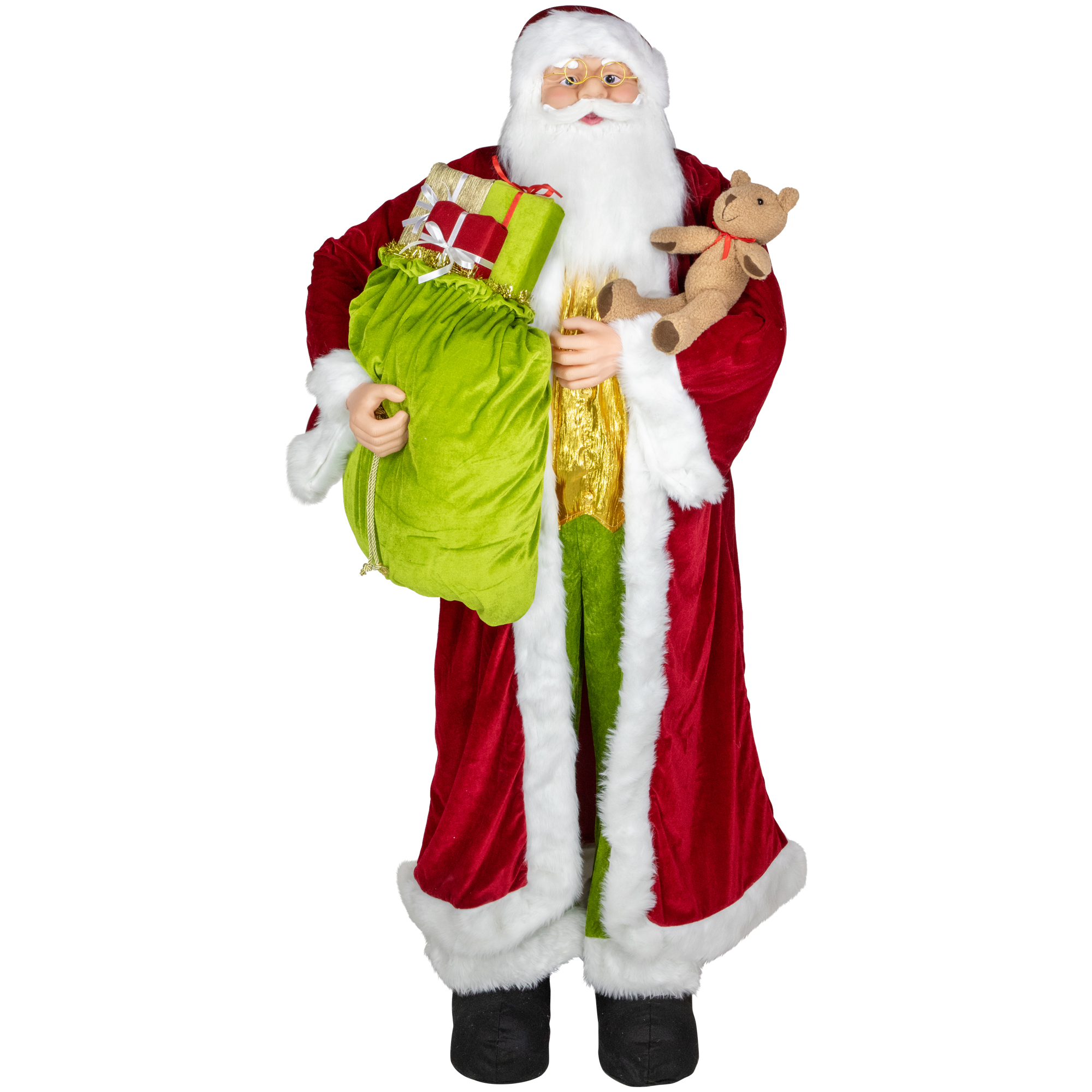 Northlight Plush Santa Claus with Teddy Bear and Gift Bag Christmas Figure - 6' - Red and Green