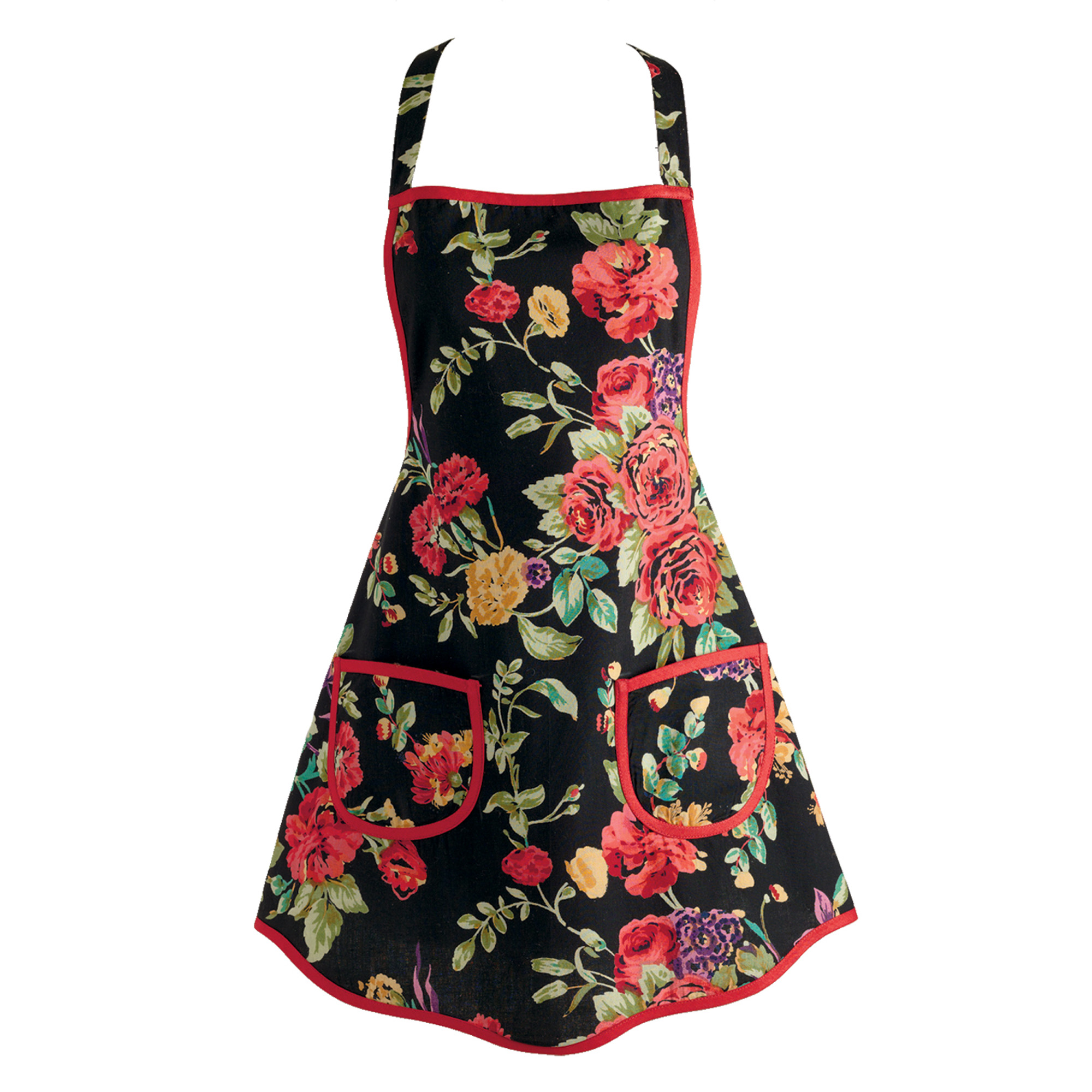 Contemporary Home Living Vintage Style Black and Red Wild Rose Floral Kitchen Apron with Pockets 30"