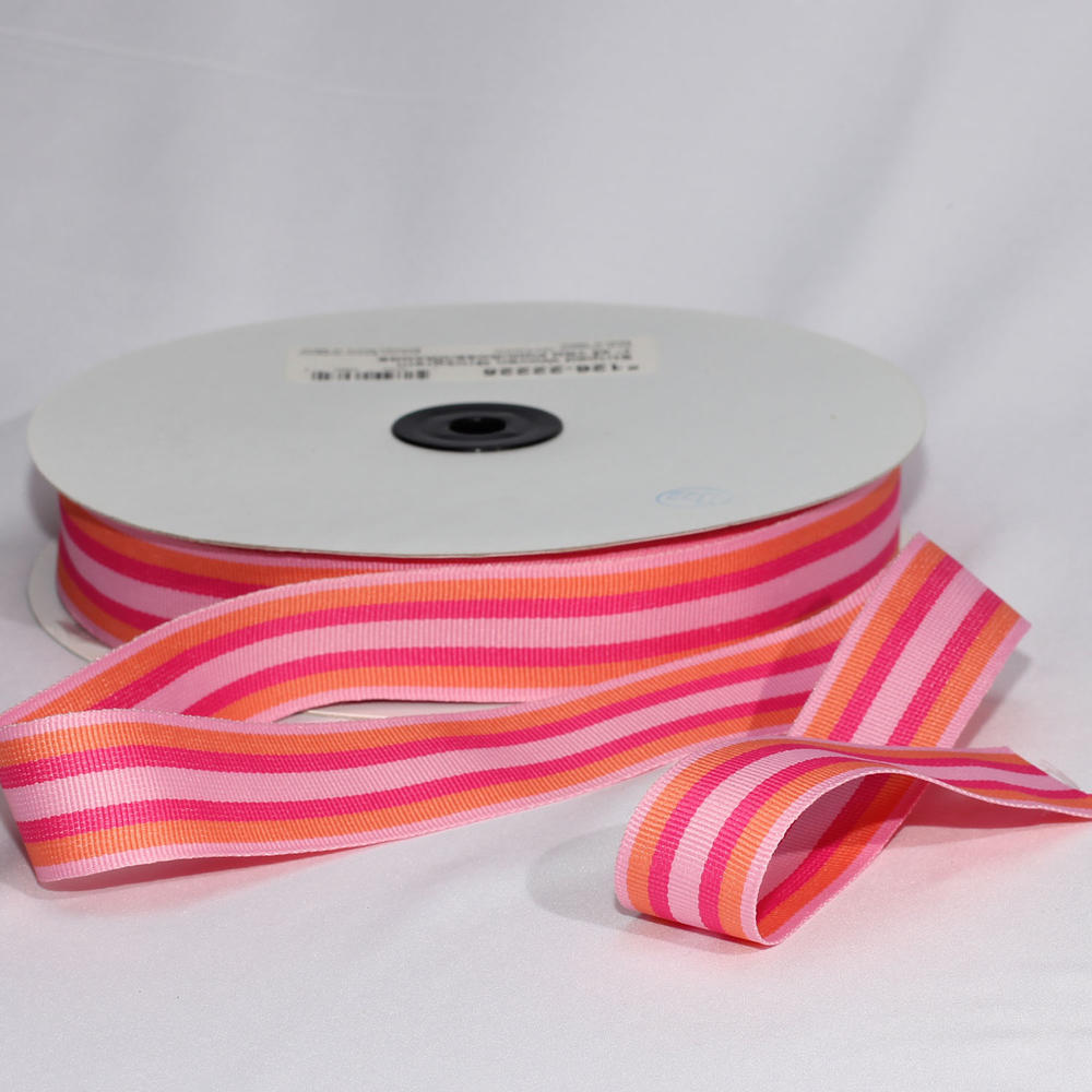 The Ribbon People Pink and Orange Striped Woven Grosgrain Craft Ribbon 1" x 55 Yards