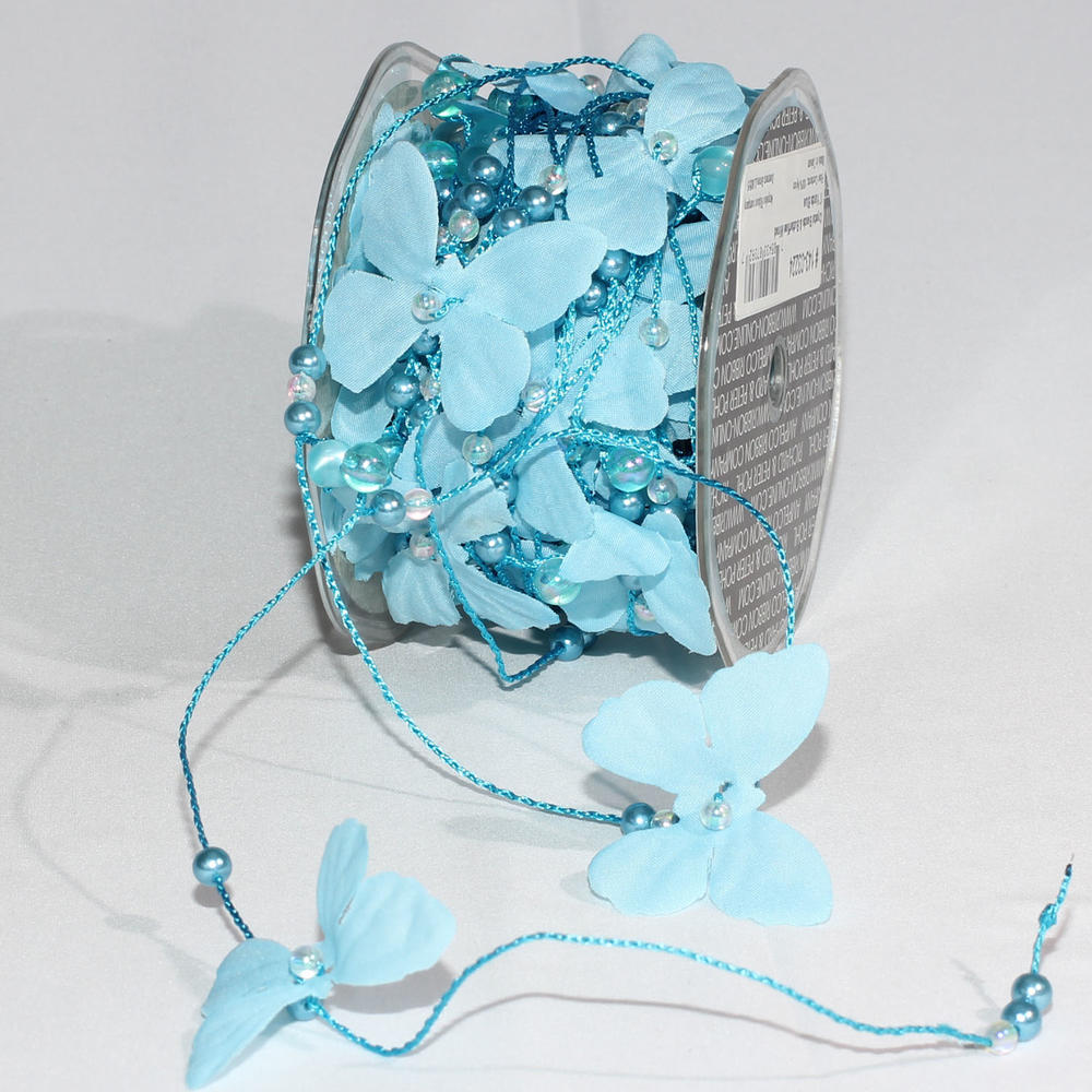 The Ribbon People Shimmering Blue Crystal Beads and Butterflies Wired Craft Ribbon 17 Yards