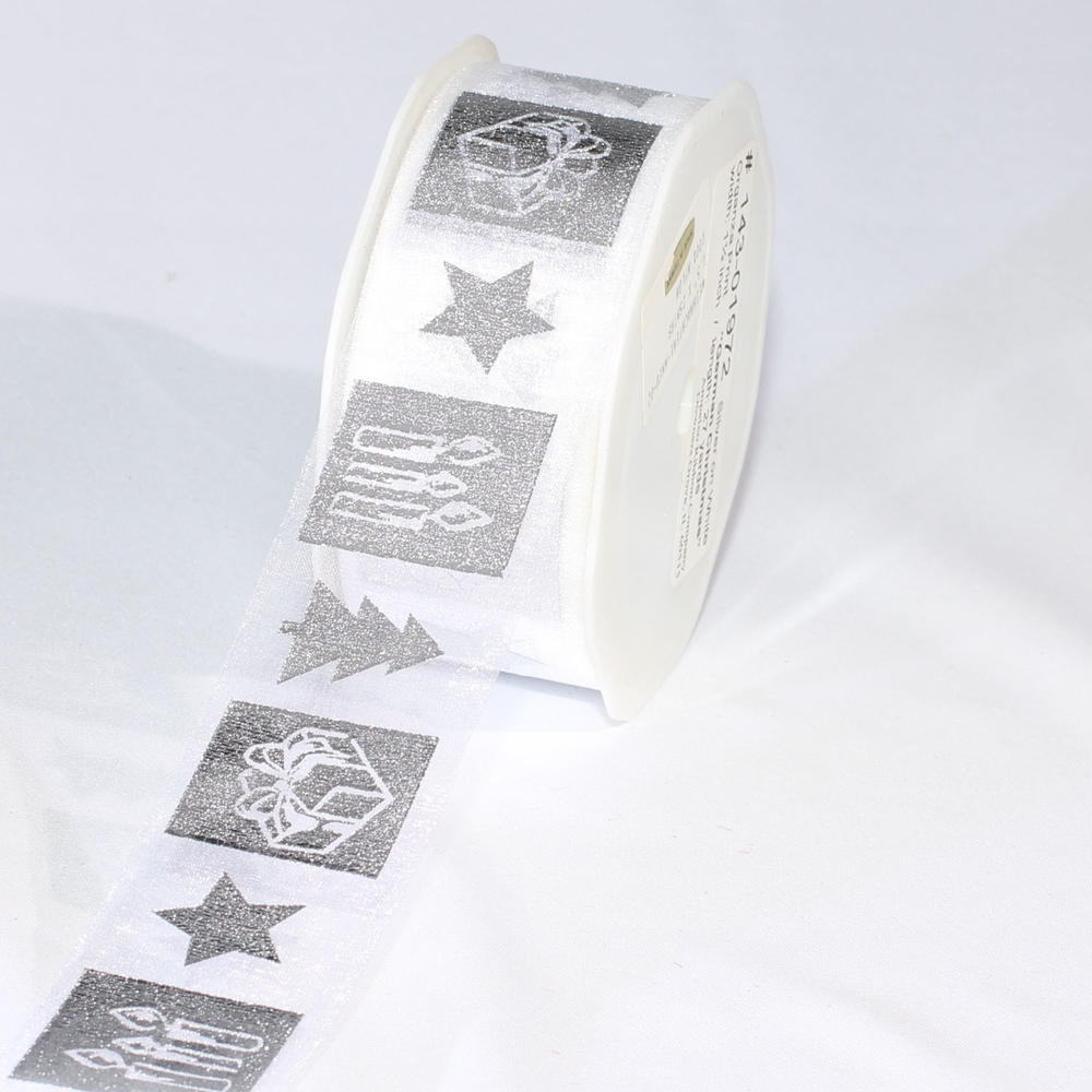 The Ribbon People White and Silver Colored German Christmas Print Organza Craft Ribbon 1.5" x 54 Yards