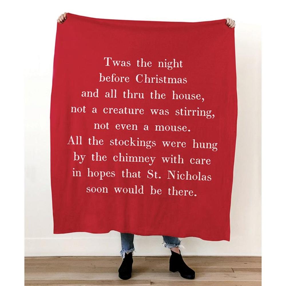 CREATIVE BRANDS 5' White and Red Christmas TWAS THE NIGHT BEFORE CHRISTMAS Rectangular Natural Throw Blanket