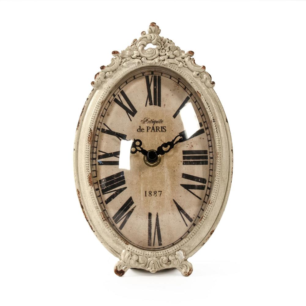 Zentique 7.5" Antique White and Black Distressed Finish Oval Desk Clock