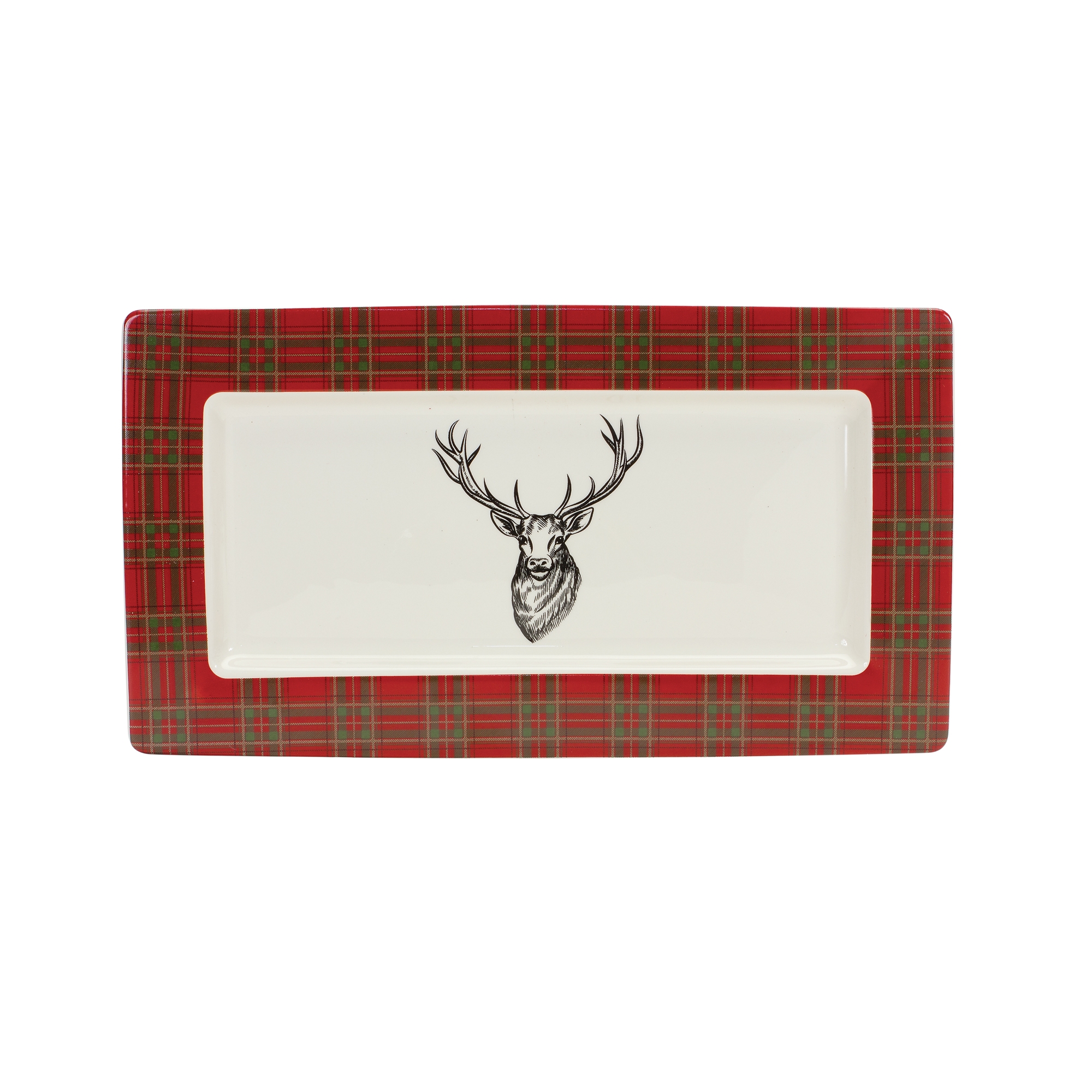 Melrose Set of 2 Red and White Plaid Reindeer Christmas Platters 13.75"