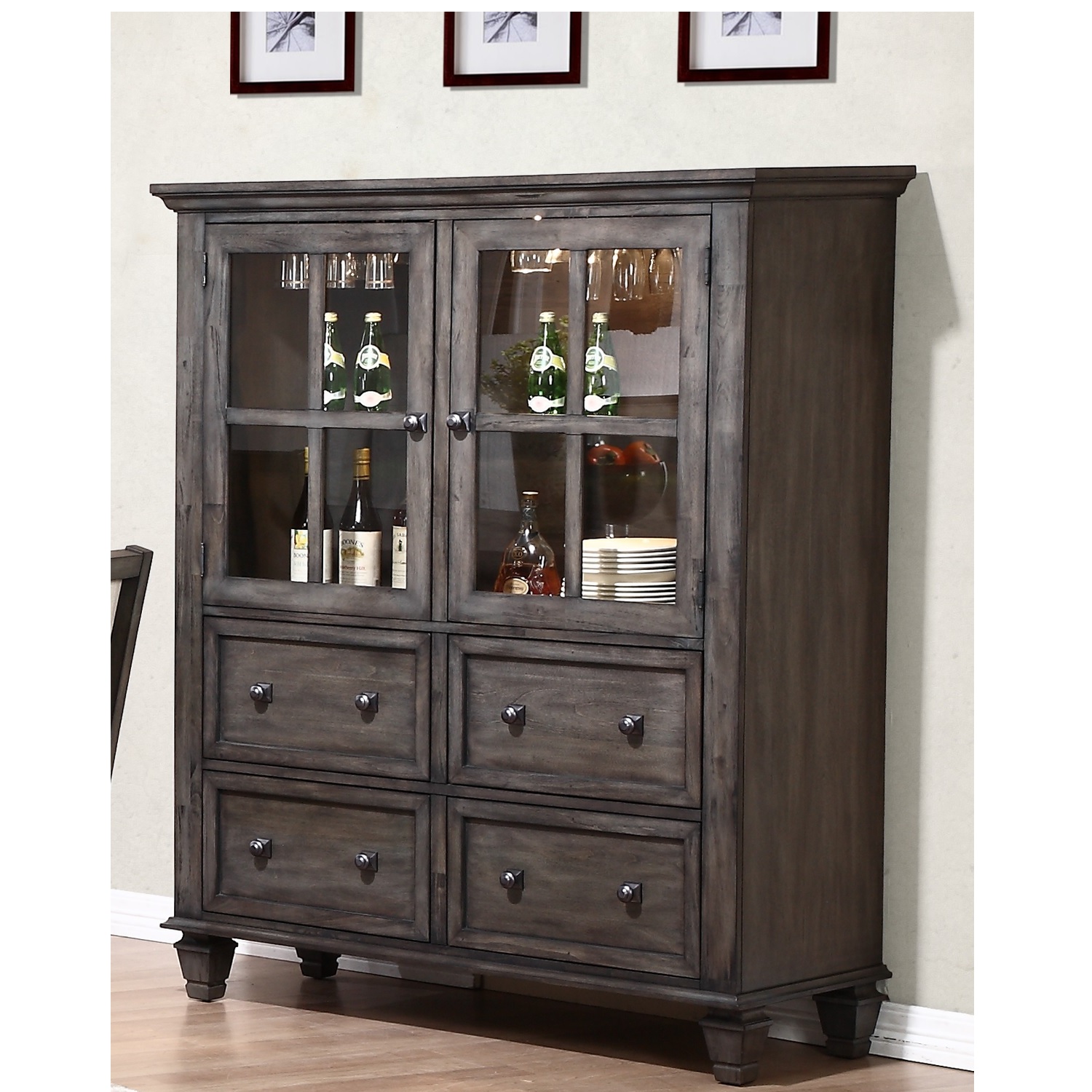 The Hamptons Collection 62” Handcrafted Shades of Gray One Piece China Cabinet with Solid Metal Pewter Square Knobs
