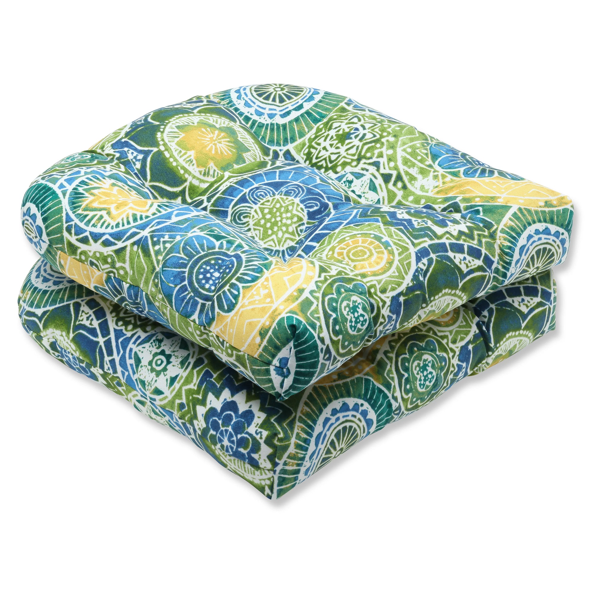 CC Outdoor Living Set of 2 Green and Yellow Mandalas Outdoor Patio Wicker Chair Cushions 19"