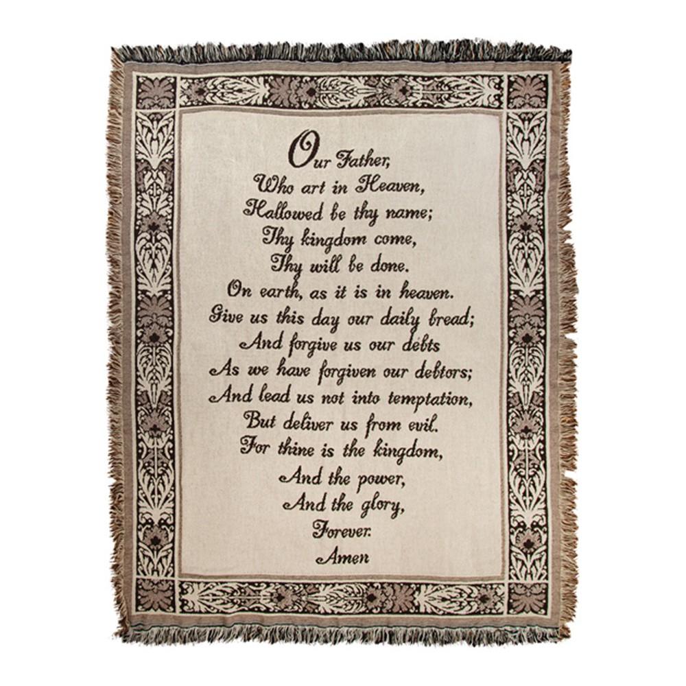Woven Textile Company Beige and Brown Lord's Prayer Religious Floral Border Fringed Throw Blanket 46" x 60"