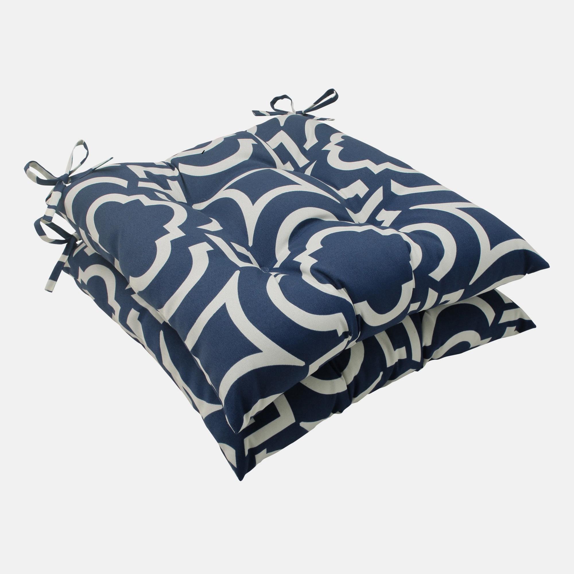 CC Outdoor Living Set of 2 Navy Blue and White Geometric Tufted Outdoor Patio Seat Cushions 19"