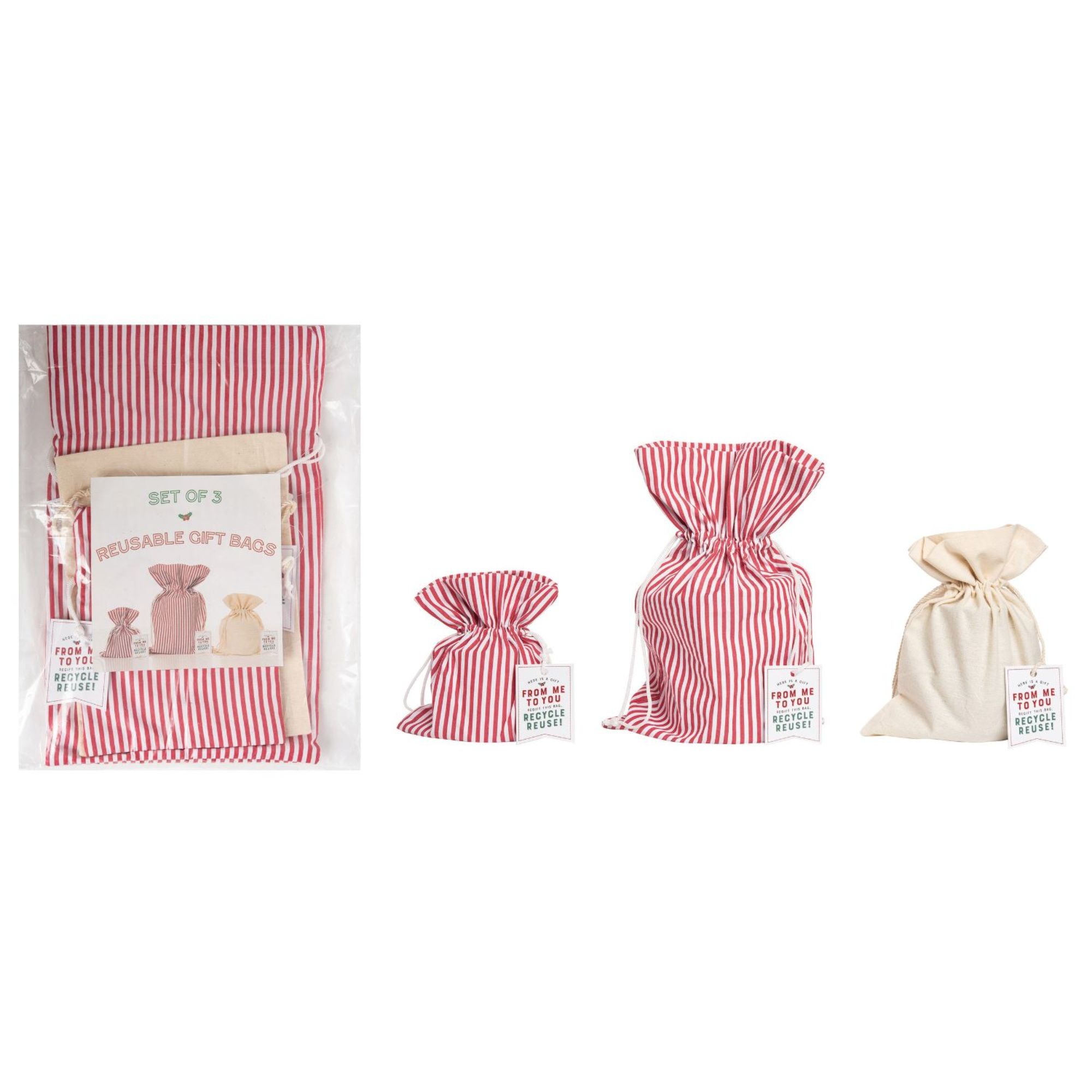 Contemporary Home Living Set of 3 Red and White Striped Reusable Christmas Gift Bags 18"