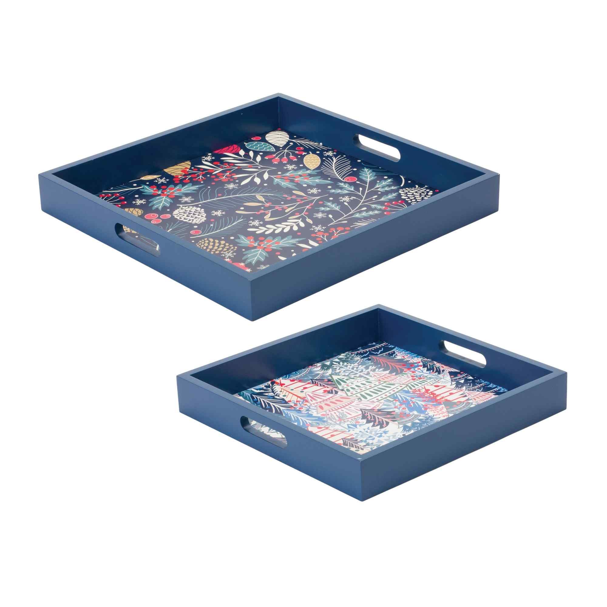 Melrose Set of 2 Blue and Red Berry with Pine Tree Christmas Decorative Trays 15.75"