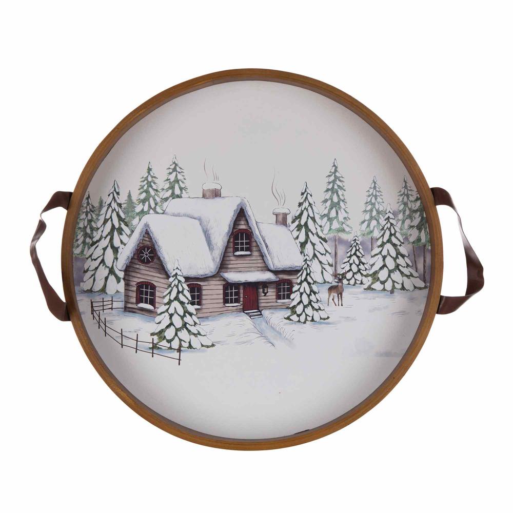 Melrose Set of 2 White and Brown Wooden Christmas Winter Scene Decorative Trays 15.75"