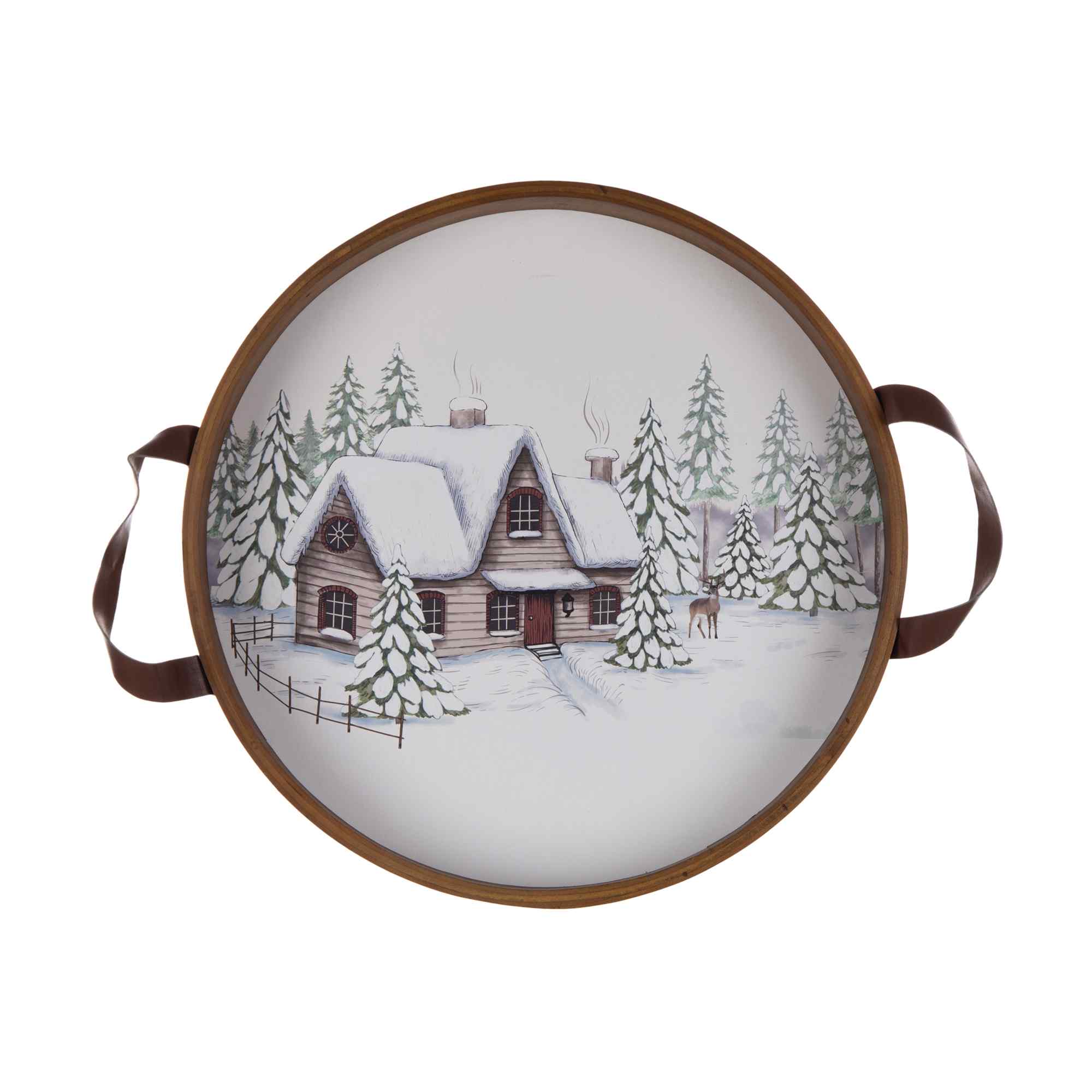 Melrose Set of 2 White and Brown Wooden Christmas Winter Scene Decorative Trays 15.75"