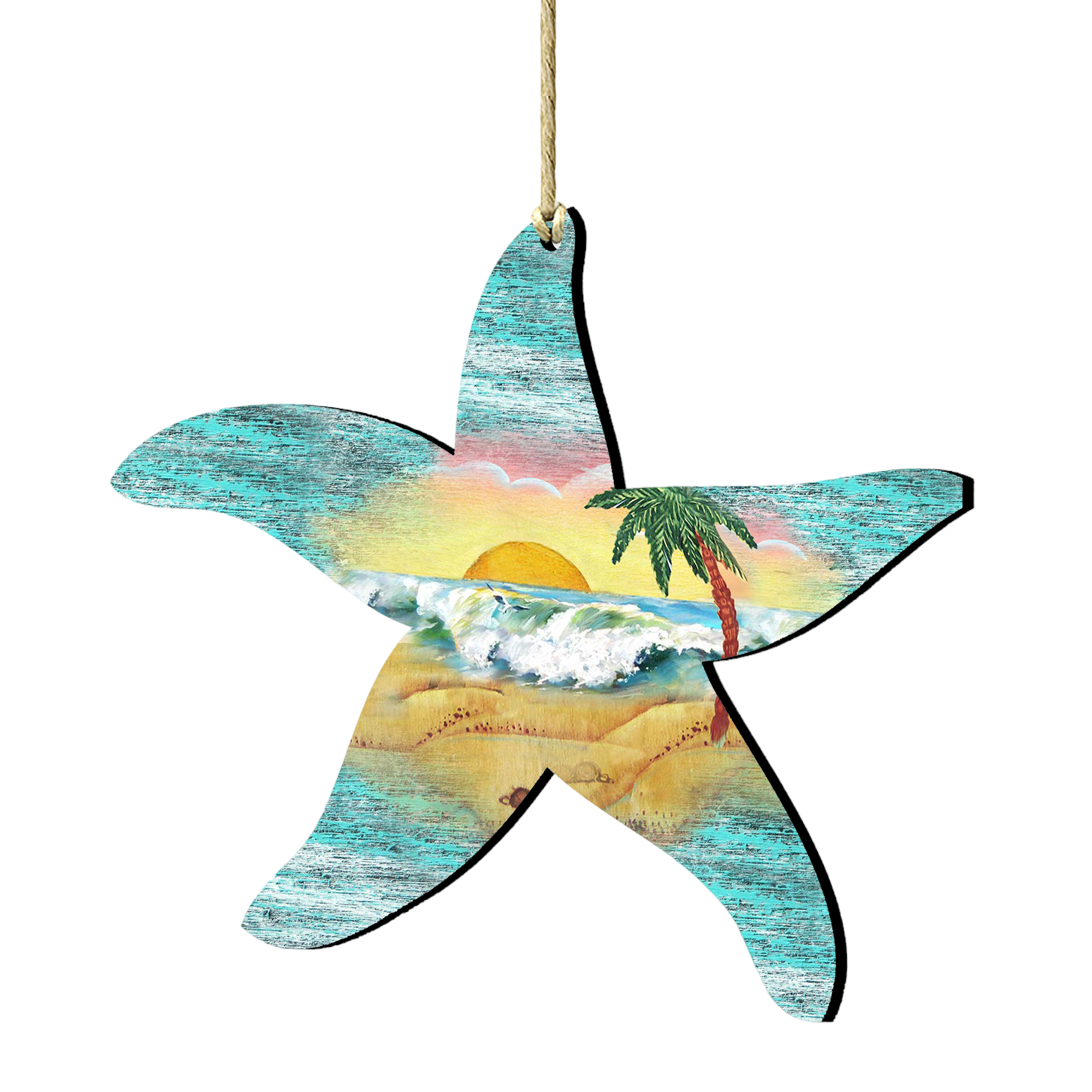 Designocracy Set of 2 Starfish Beach Scene Wooden Christmas Ornaments 5.5"
