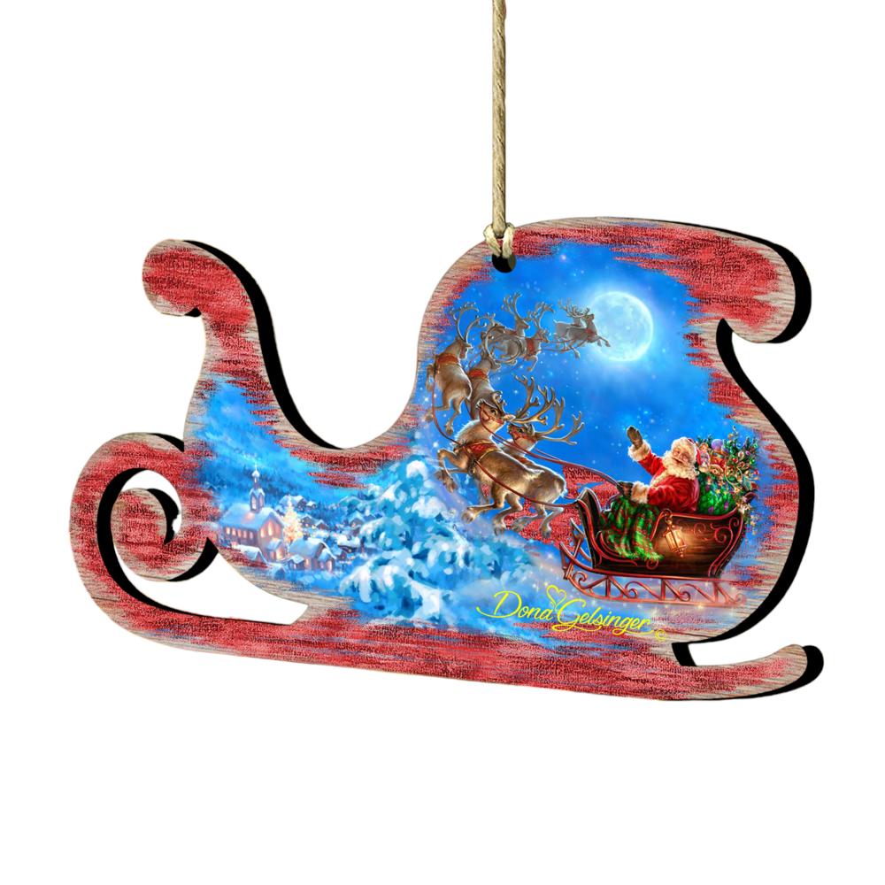 Designocracy Set of 2 Santa Magical Flight Wooden Sleigh Christmas Ornaments 5.5"