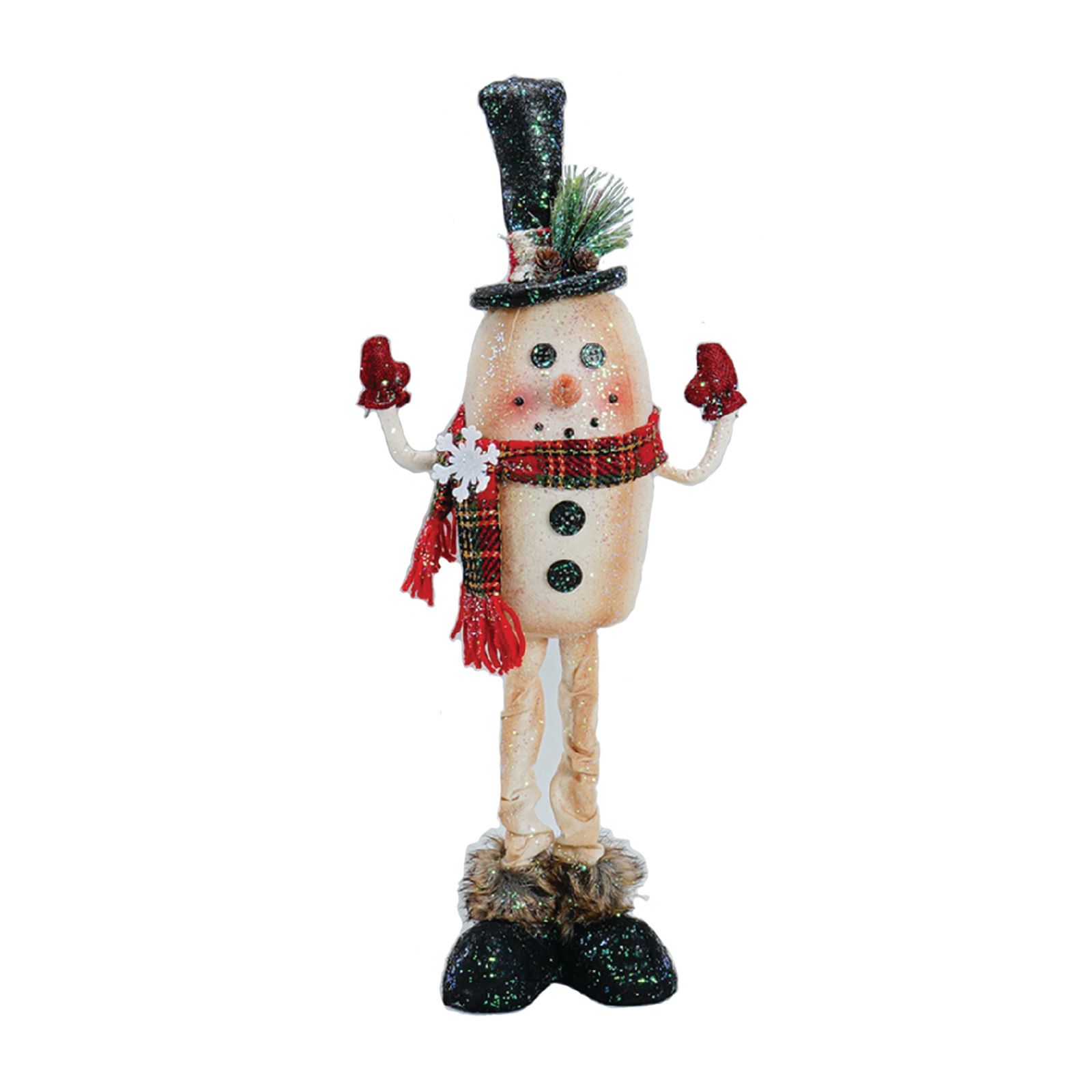 CC Christmas Decor 19" Beige and Red Glittery Snowman Handstitched Christmas Plush Figure
