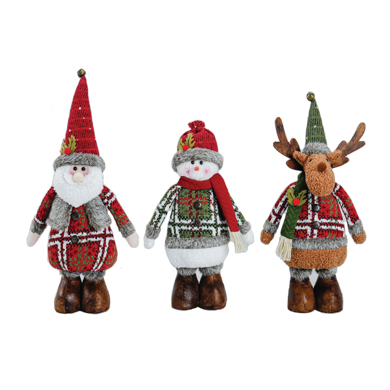 CC Christmas Decor Set of 3 Jolly Santa, Frosty Snowman and Flying Reindeer Plush Figure 16"