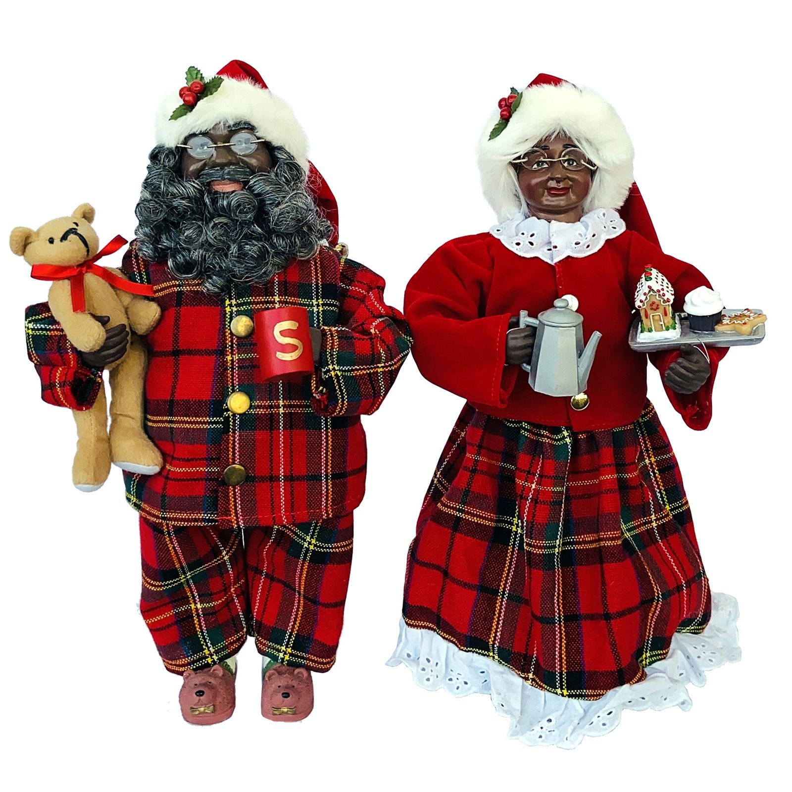CC Christmas Decor Set of 2 Mr. and Mrs. Claus Plaid Pajama African American Christmas Figurines 15"