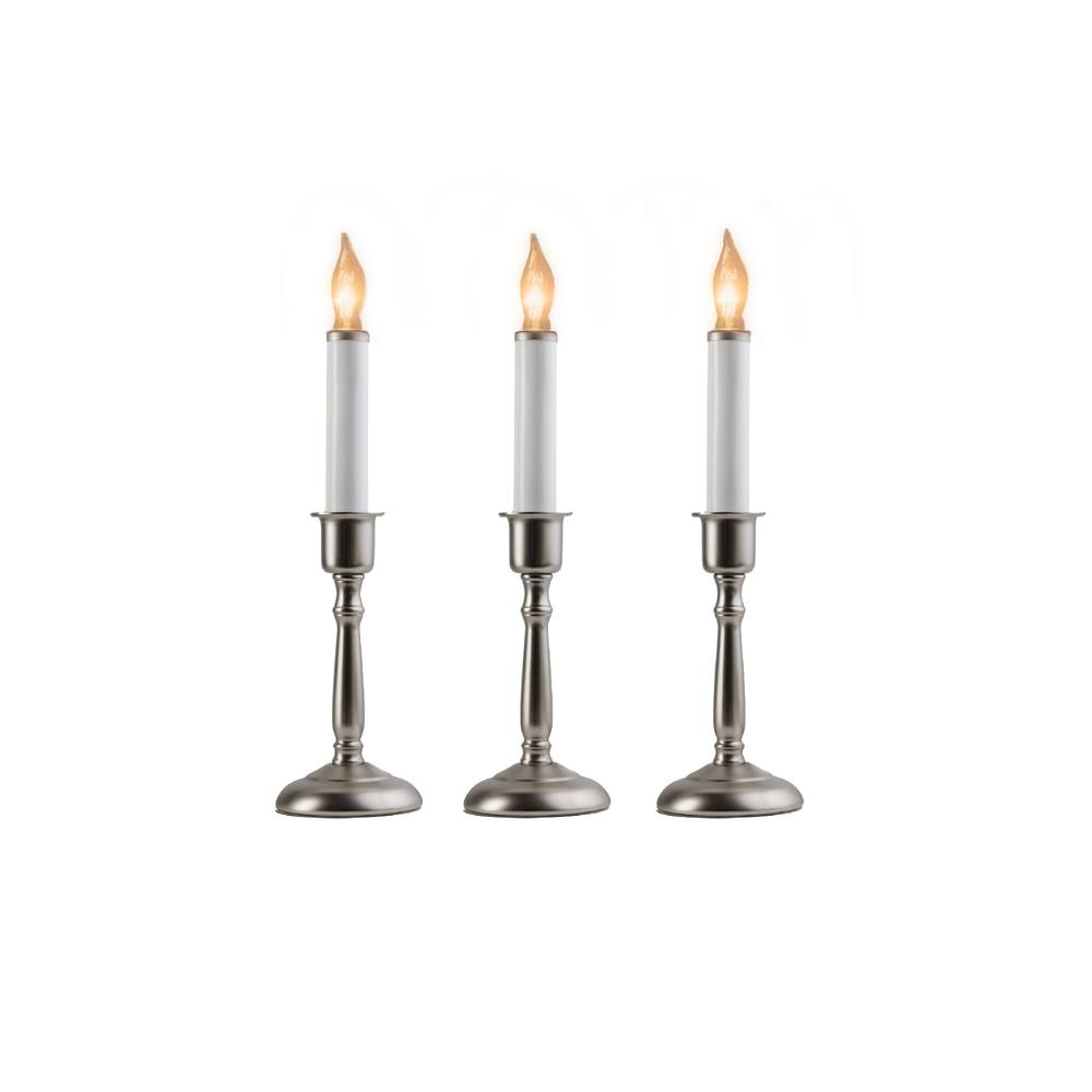 CC Christmas Decor Set of 3 White Christmas Candle Lamps with Silver Stands 12"