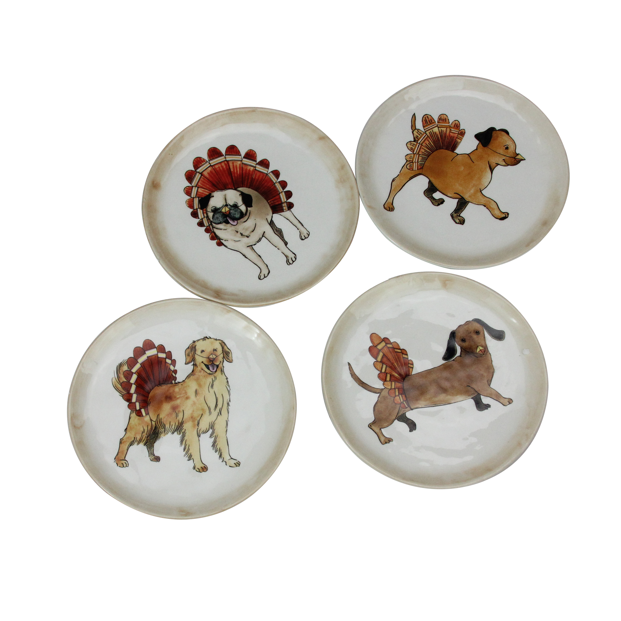 Roman Set of 4 Ivory Autumn Thanksgiving Puppy Dog Snack Plates 5"