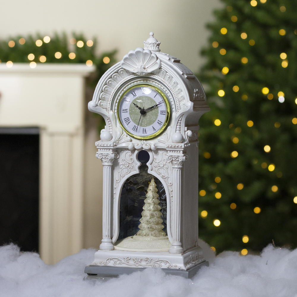 Roman 14" White Christmas Ceramic Musical LED Clock with Rotating Tree
