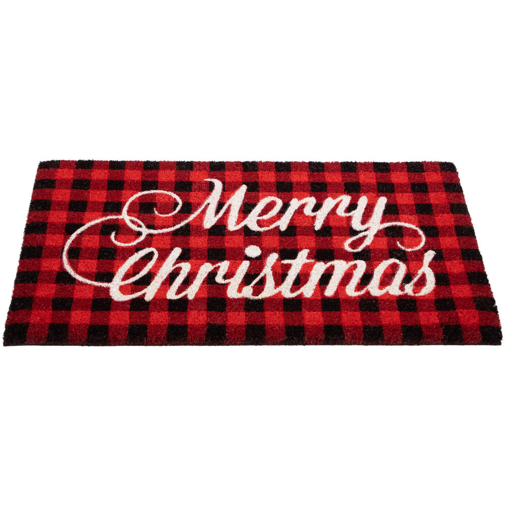 Northlight Red and Black Plaid "Merry Christmas" Natural Coir Christmas Outdoor Doormat 18" x 30"