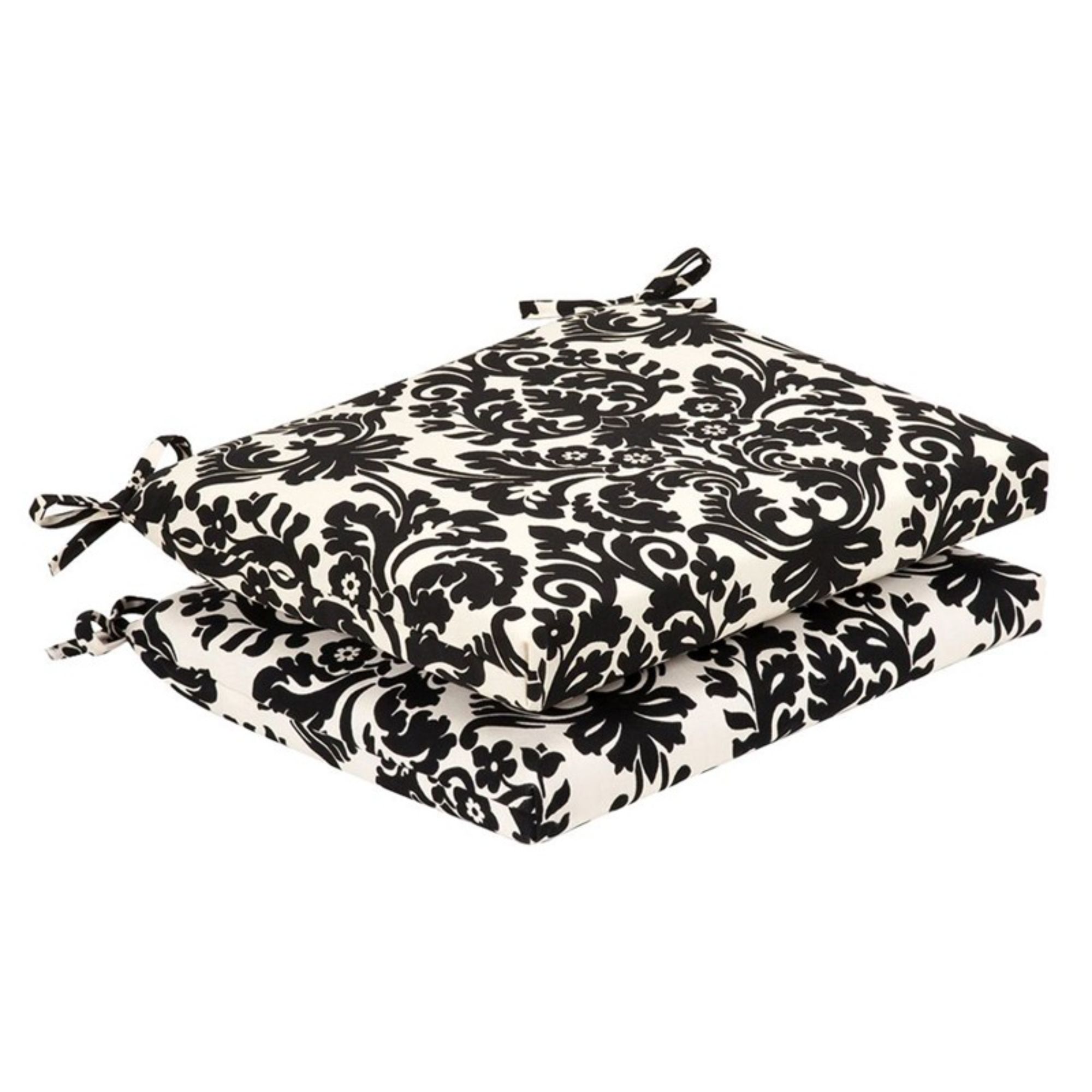CC Home Furnishings Set of 2 Black and White Damask Patio Furniture Seat Cushions 18.5"