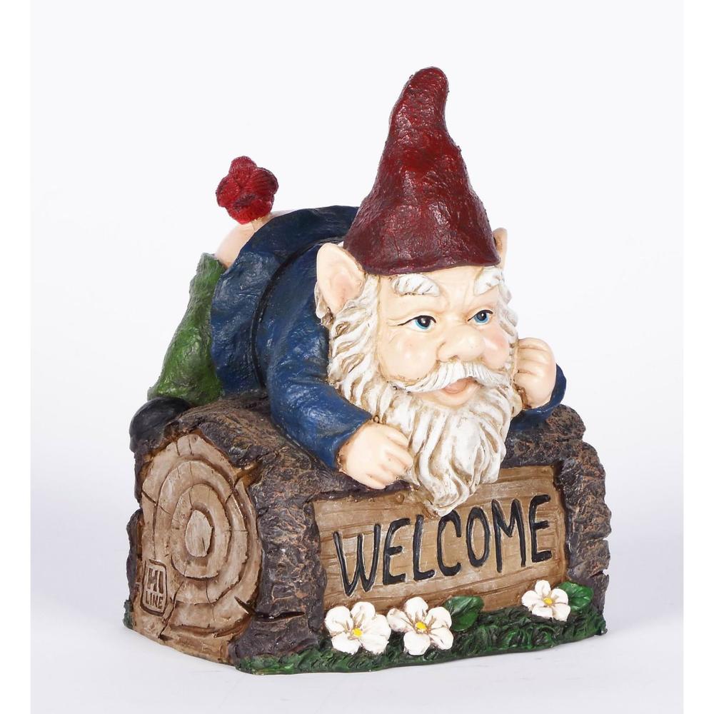 Hi-Line Gifts 7.5" Red and Blue Welcome Sign Gnome Crawling Over the Tree Trunk