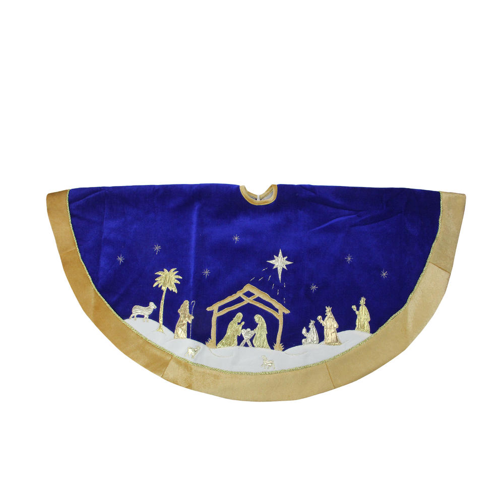 Northlight 48" Blue and Gold Nativity Scene Christmas Tree Skirt with Gold Border