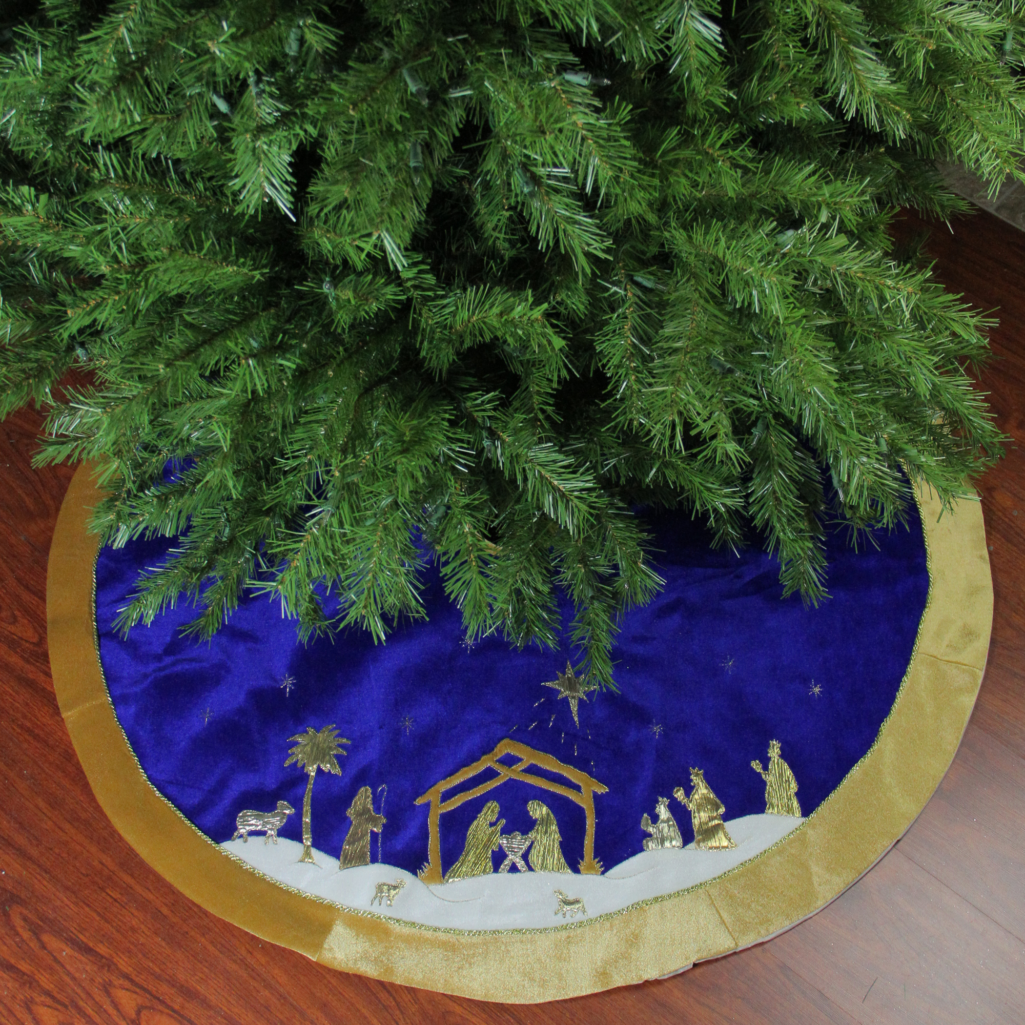 Northlight 48" Blue and Gold Nativity Scene Christmas Tree Skirt with Gold Border