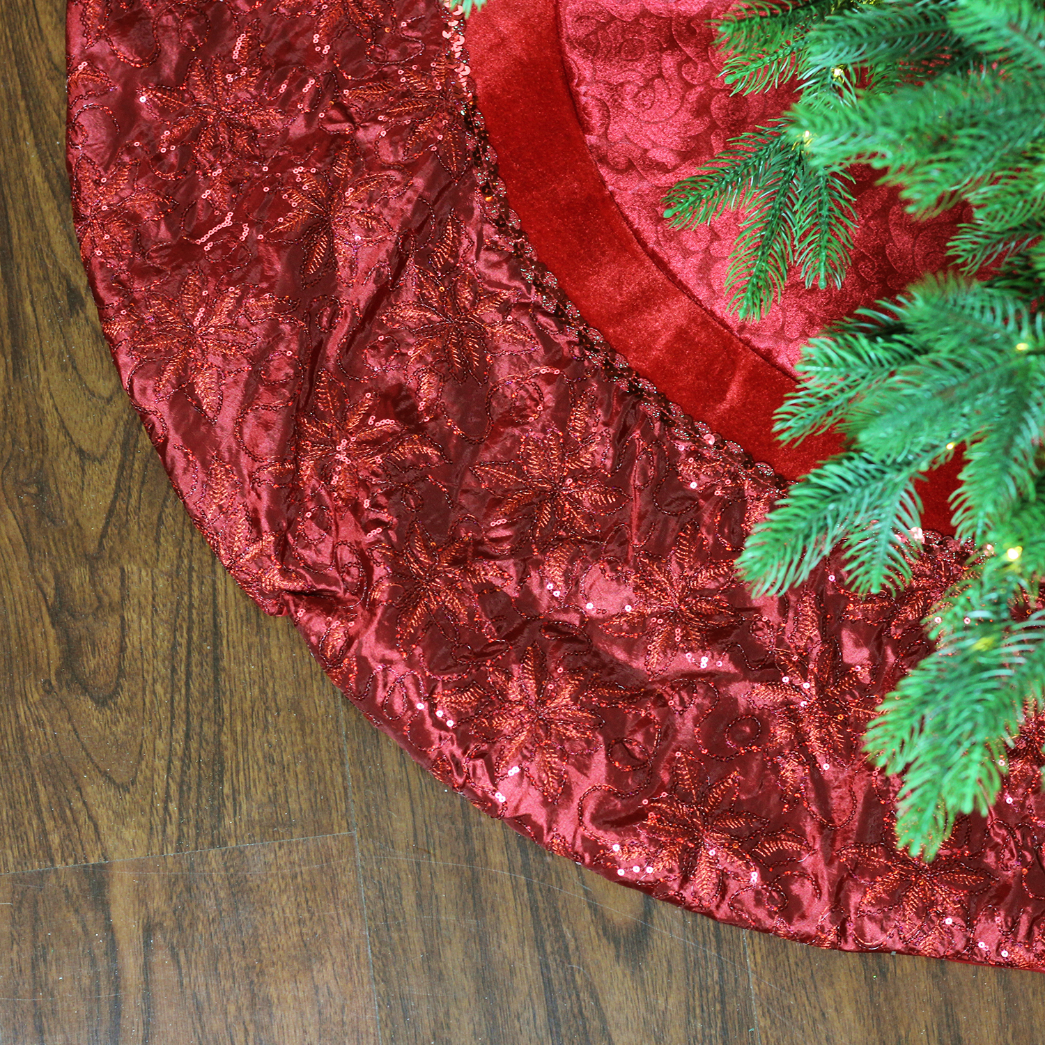 Northlight 60" Red Velvet Damask Sequin Embroidered Poinsettia Trimmed Scalloped Edge Christmas Tree Skirt