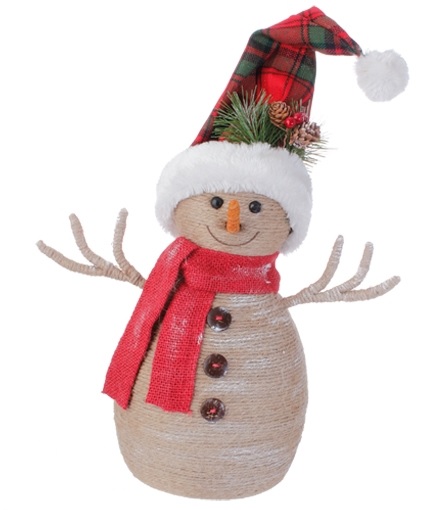 RAZ 13.25" Brown and Red Snowman with Plaid Snow Cap Christmas Decor