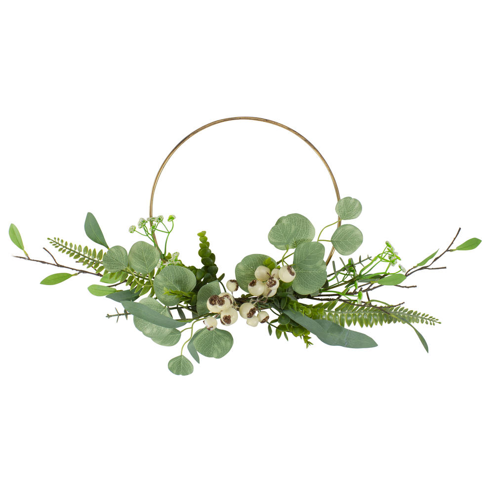 Northlight Eucalyptus Leaf and Fern Golden Ring Wreath Spring Decor, Green and Gold 30"