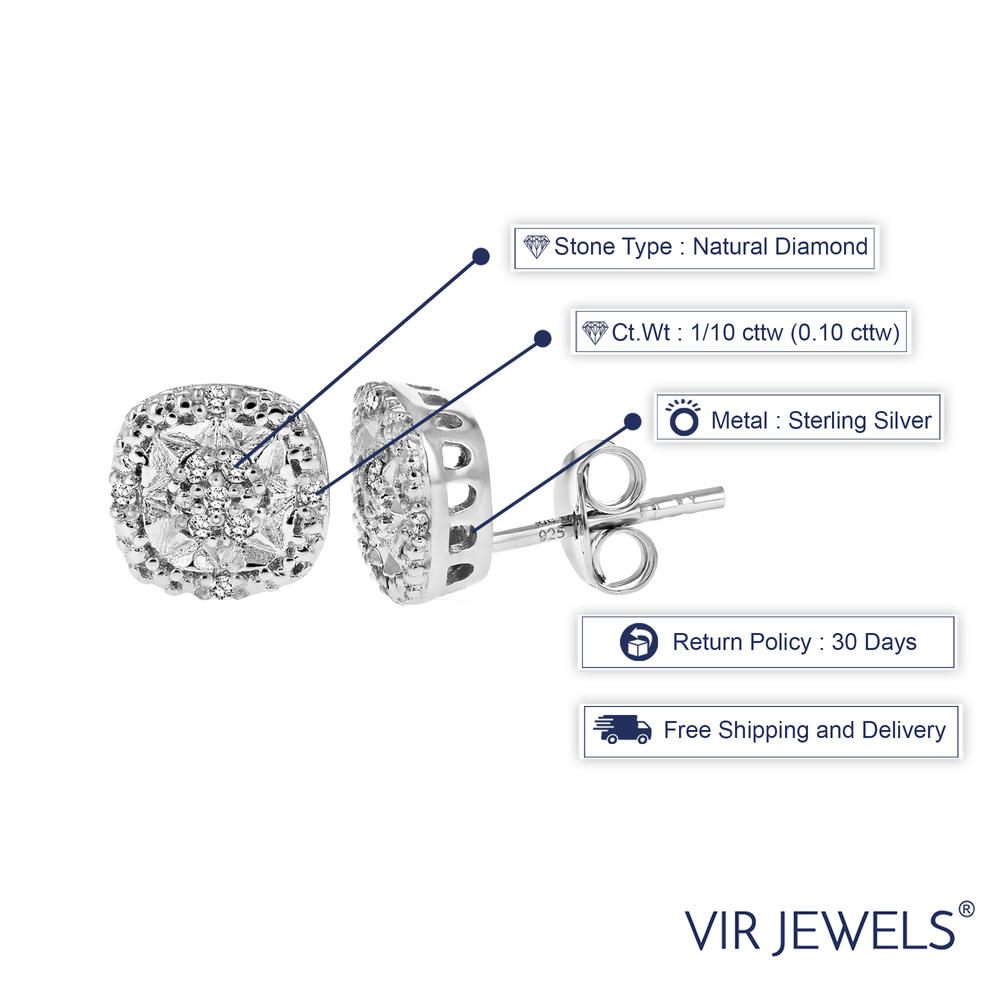 Vir Jewels 1/10 cttw Diamond Earrings in .925 Sterling Silver Push Backs Cushion Shape