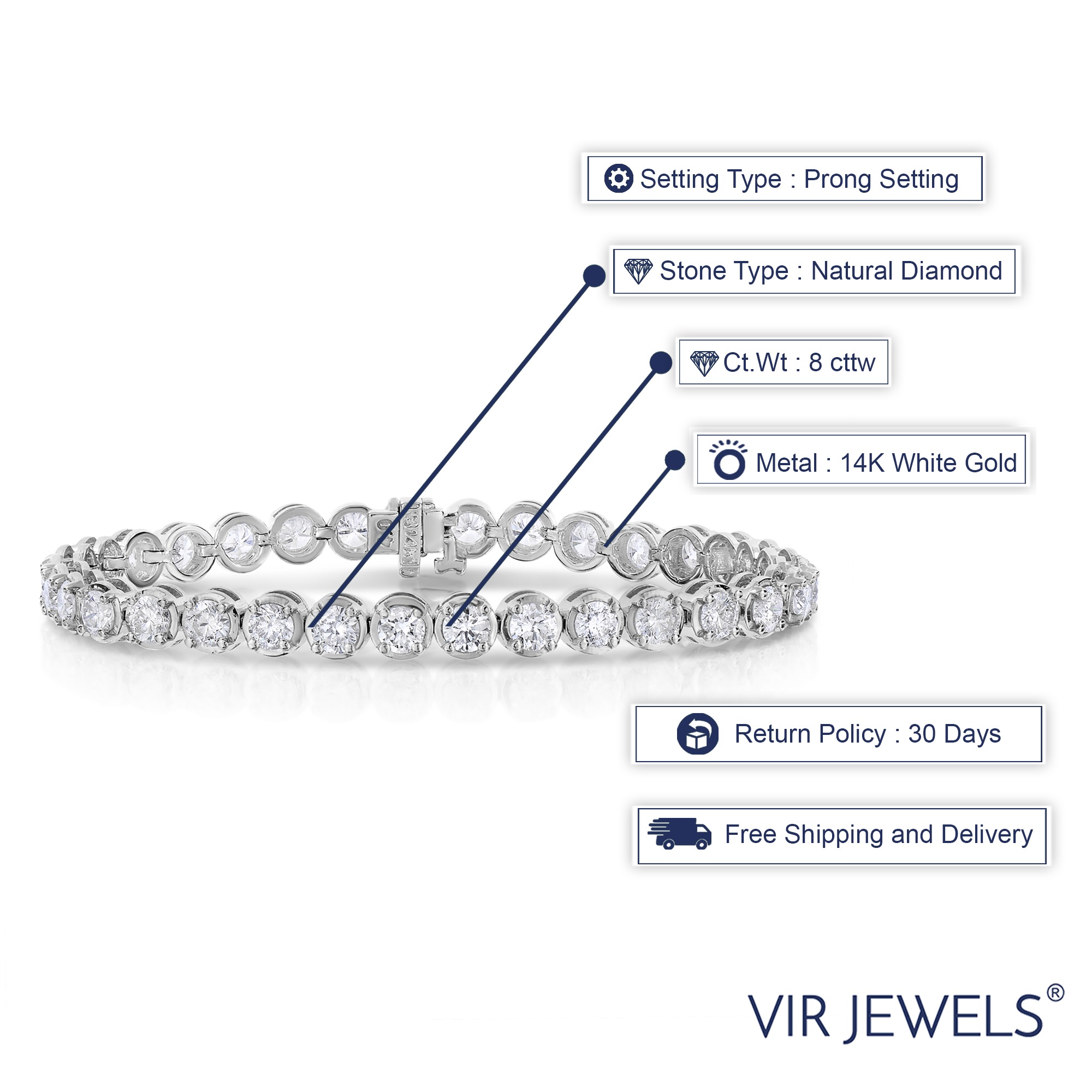 Vir Jewels 8 cttw I1-I2 Certified Diamond Bracelet 14K White Gold Tennis Round 7 Inch