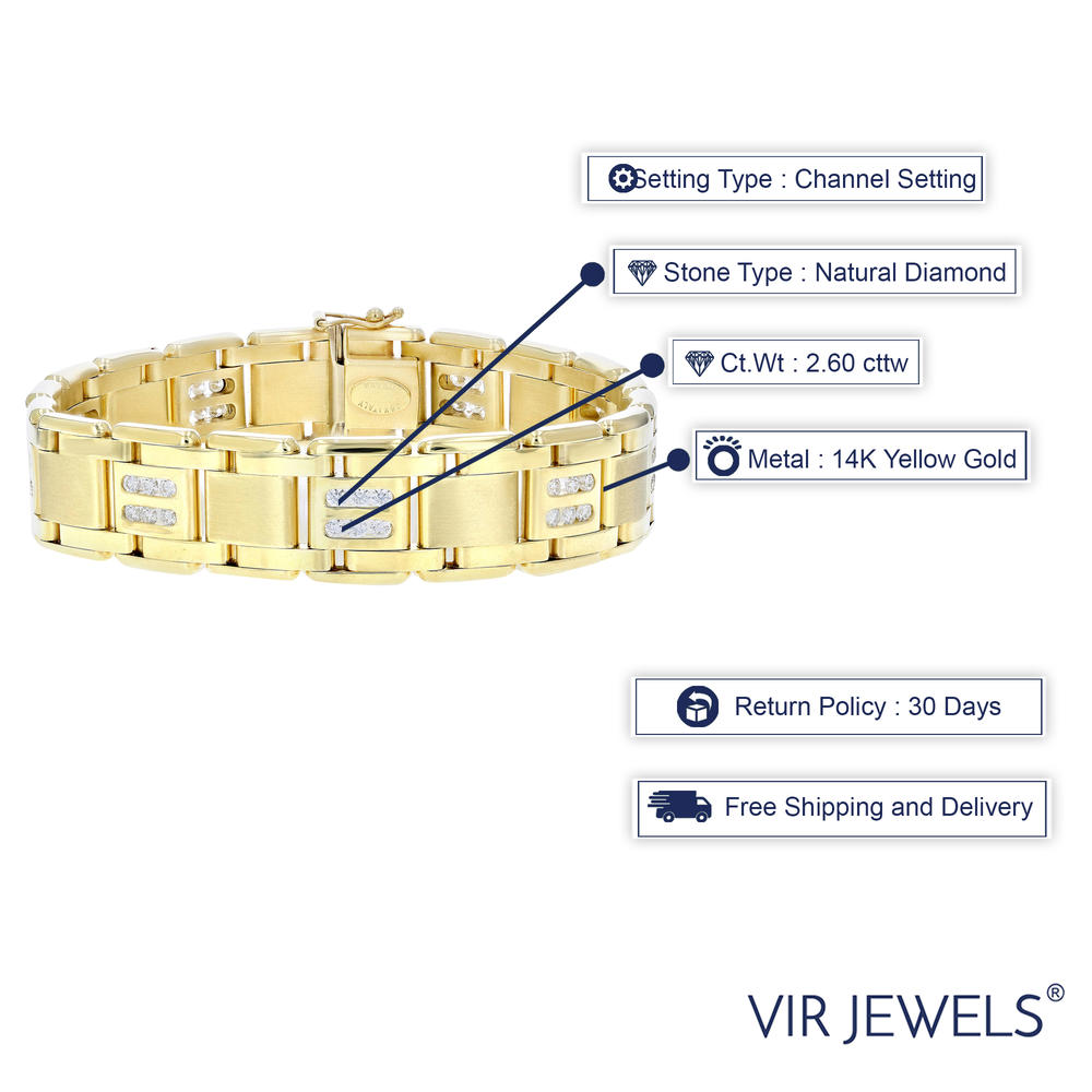 Vir Jewels 2.60 cttw Men's Diamond Bracelet Italian 14K Yellow Gold VS2-SI1 Clarity 54 Grams