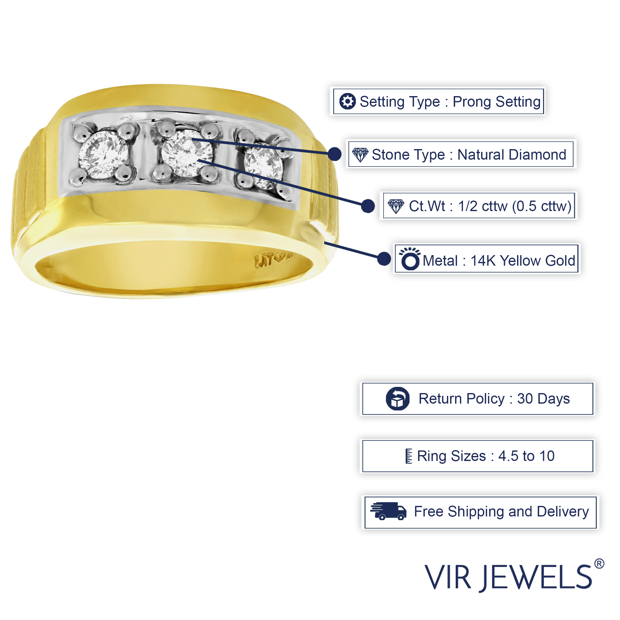 Vir Jewels 1/2 cttw Men's 3 Stone Diamond Engagement Ring 14K Yellow Gold SI Clarity Size 10