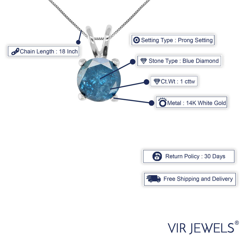 Vir Jewels 1 cttw Blue Diamond Solitaire Pendant Necklace 14K White Gold Round with Chain
