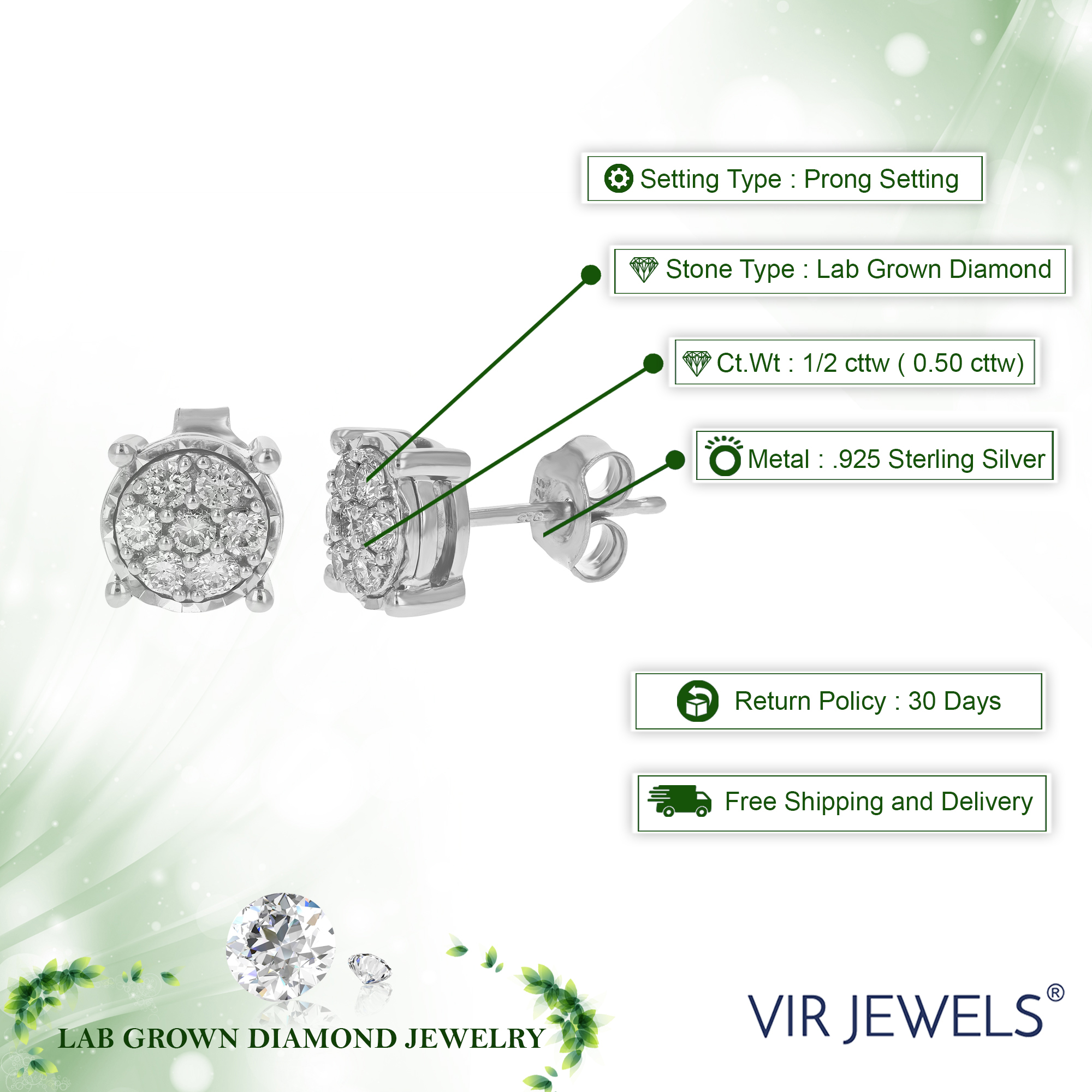Vir Jewels 1/2 cttw Lab Grown Diamond Stud Earrings in .925 Sterling Silver Prong Set