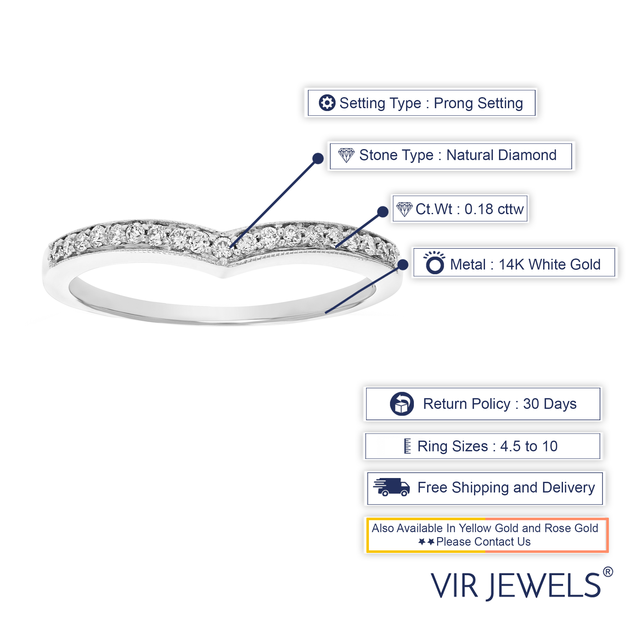 Vir Jewels 0.18 cttw to 1 cttw Diamond Wedding Band for Women, V Shape Round Diamond Wedding Band in 14K Gold with Milgrain, Size 4.5-10