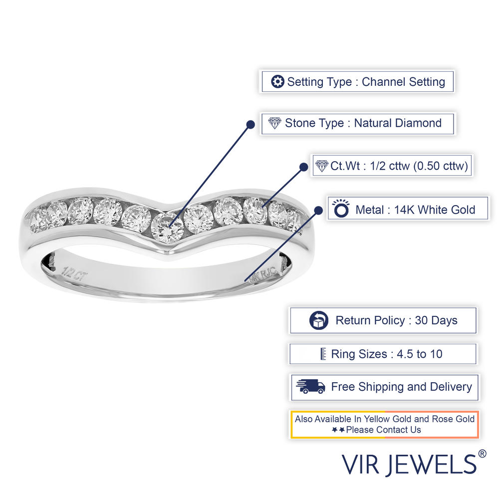 Vir Jewels 1/4 cttw to 1/2 cttw Diamond Wedding Band for Women, V Shape Round Diamond Wedding Band in 14K Gold Channel Set, Size 4.5-10