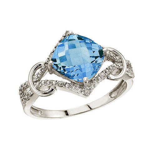 Direct-Jewelry 14K White Gold Blue Topaz and Diamond Cushion Ring