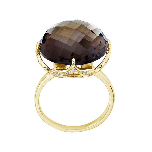 Direct-Jewelry 14K Yellow Gold Dome Top Smoky Topaz and Diamond Ring