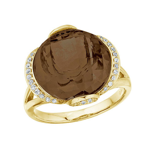 Direct-Jewelry 14K Yellow Gold Smoky Topaz and Diamond Dome Ring