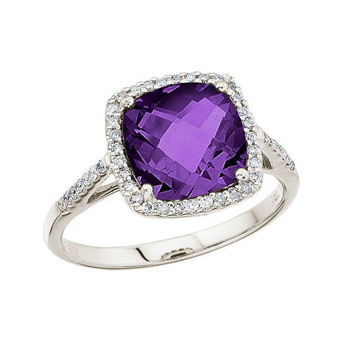 Direct-Jewelry 14K White Gold 8 mm Cushion Amethyst and Diamond Ring