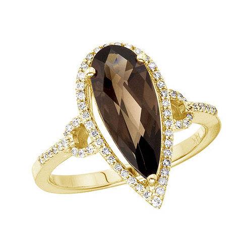 Direct-Jewelry 14K Yellow Gold 4 Ct Long Pear Smoky Topaz and Diamond Ring