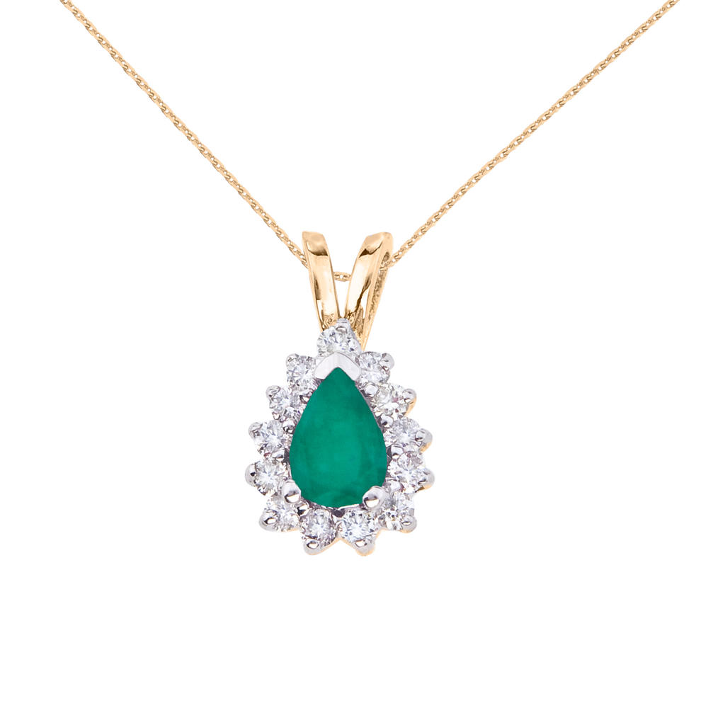 DIRECT-JEWELRY DON'T FORGET THE DASH 14k Yellow Gold 6x4 mm Pear Shaped Emerald and Diamond Pendant with 18" Chain
