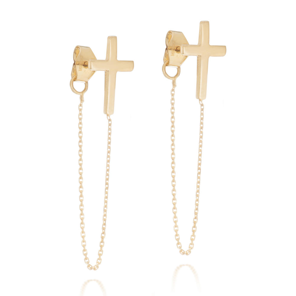 DIRECT-JEWELRY DON'T FORGET THE DASH 14K Yellow Gold Chain Cross Earrings