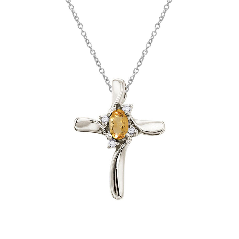 DIRECT-JEWELRY DON'T FORGET THE DASH 14K White Gold Citrine and Diamond Cross Pendant with 18" Chain